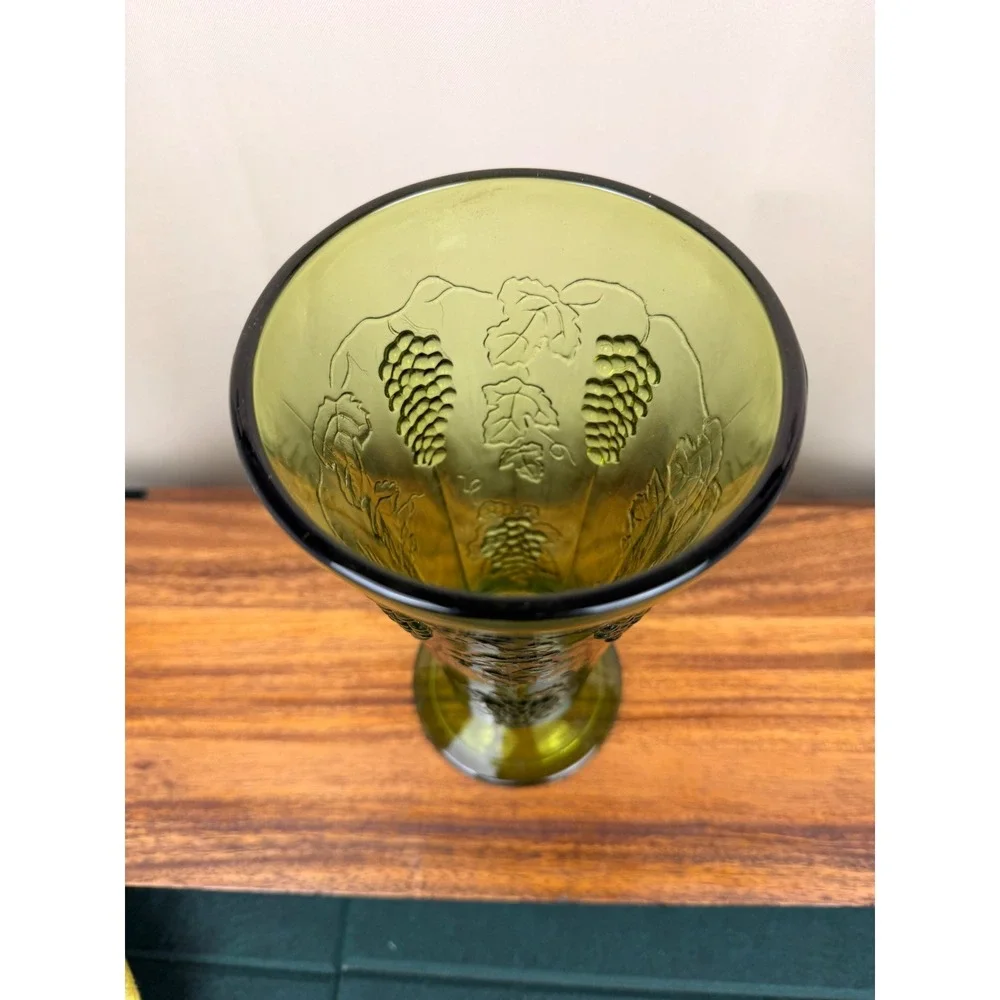 Vintage Avocado Green Indiana Glass Grape Harvest Footed Vase Mid Century 8.25in